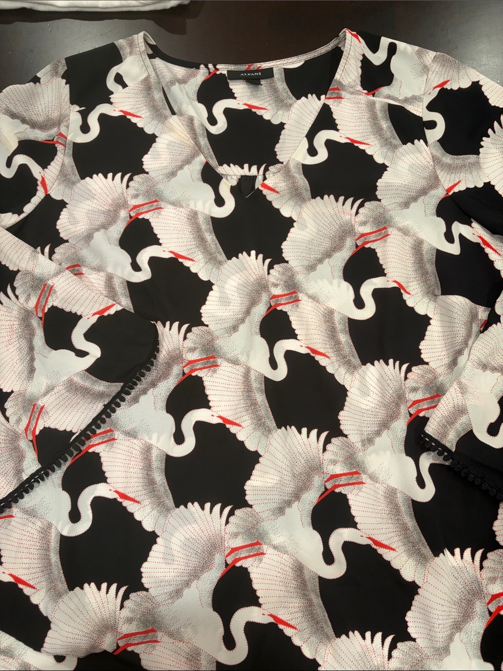 Alfani Black, White & Red Crane-Print V-Neck Blouse